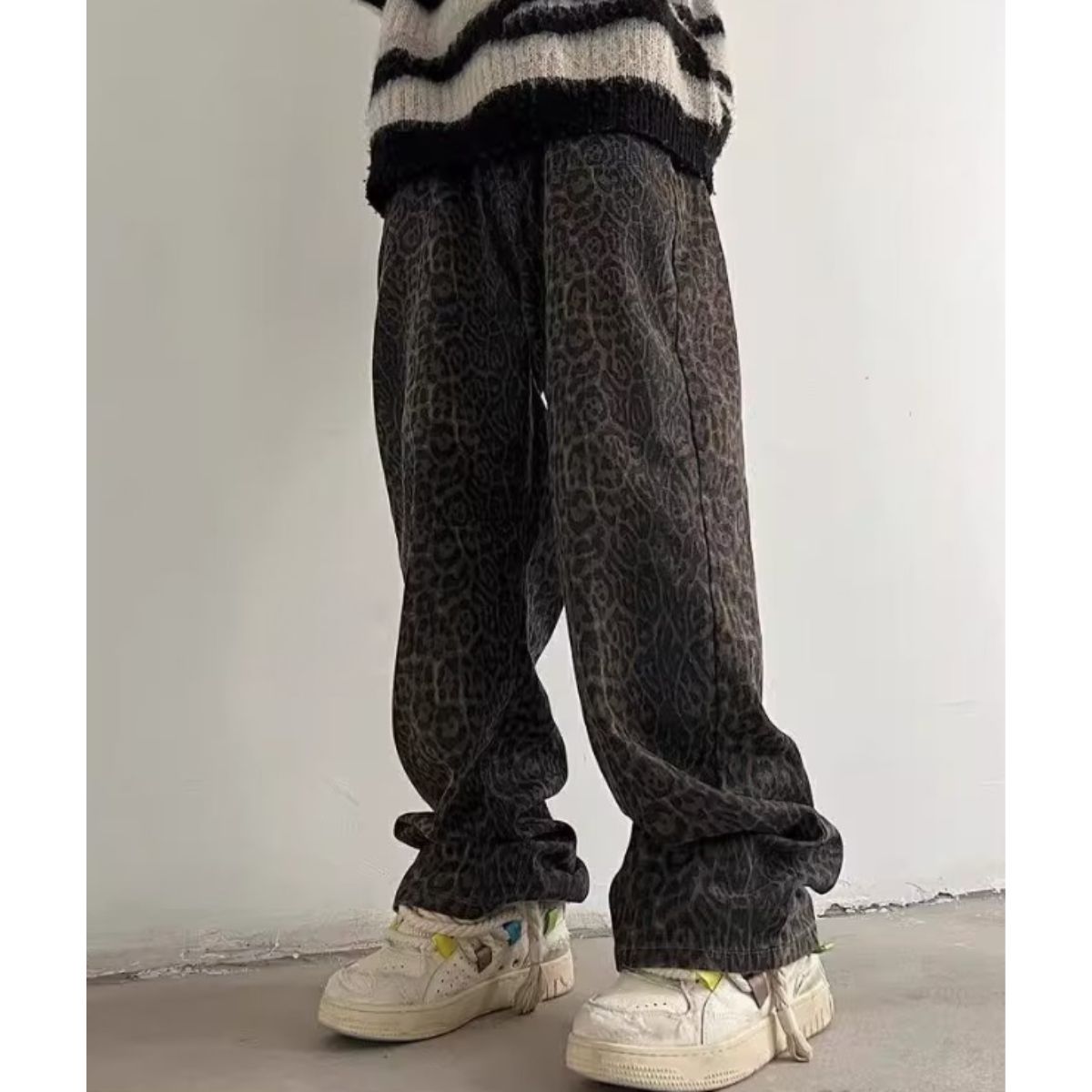 At Marvelous Long Pants Trousers Baggy Pants Waist Worn Leopard Men's Korean Fashion Ora Ora Dance Hip Hop Impact Flashy Shiny