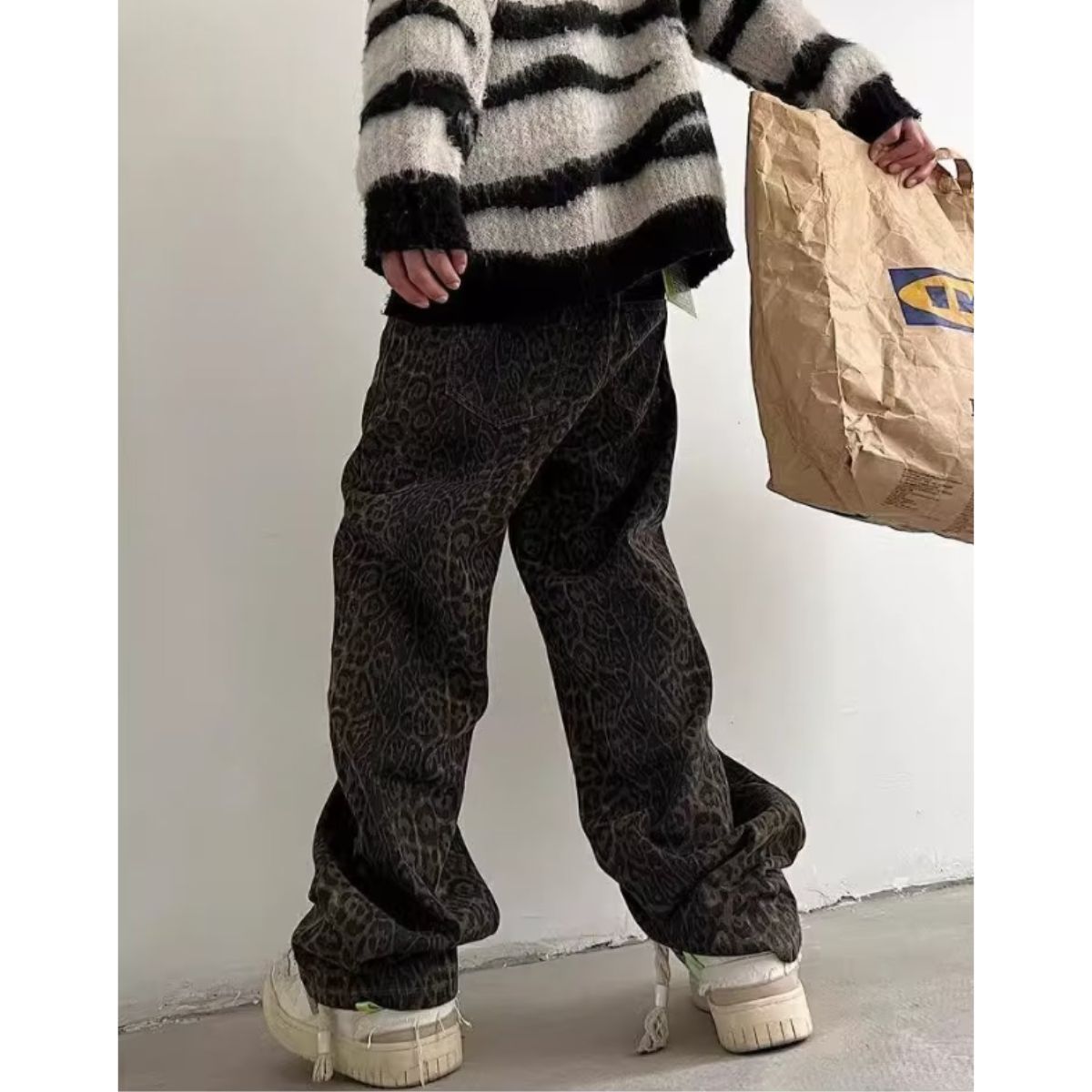 At Marvelous Long Pants Trousers Baggy Pants Waist Worn Leopard Men's Korean Fashion Ora Ora Dance Hip Hop Impact Flashy Shiny