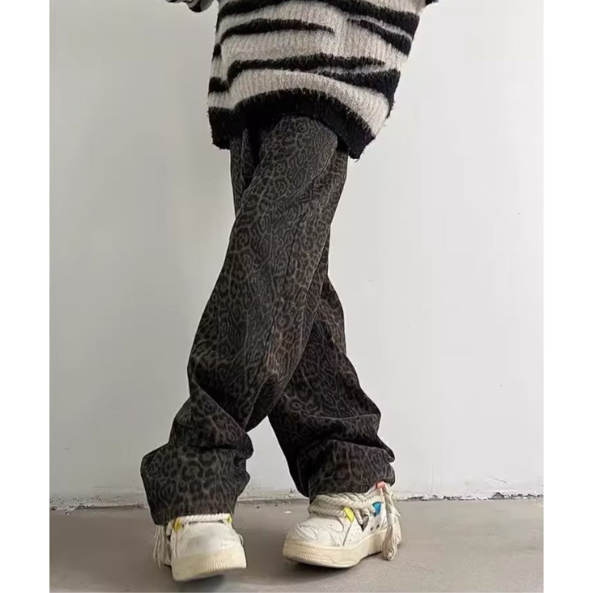 At Marvelous Long Pants Trousers Baggy Pants Waist Worn Leopard Men's Korean Fashion Ora Ora Dance Hip Hop Impact Flashy Shiny