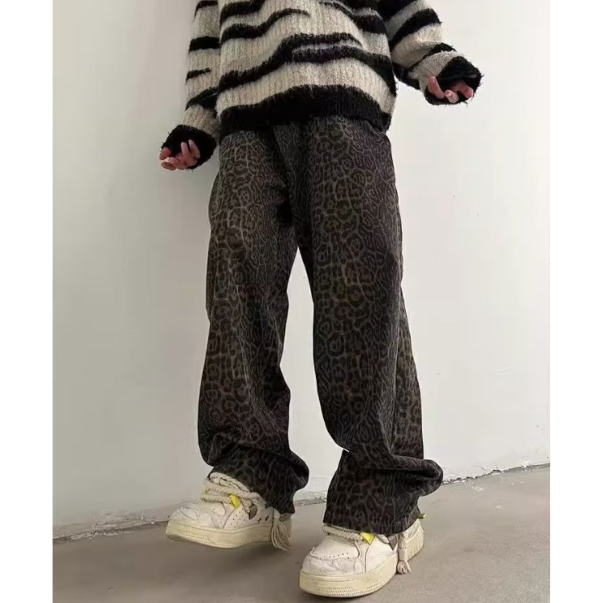 At Marvelous Long Pants Trousers Baggy Pants Waist Worn Leopard Men's Korean Fashion Ora Ora Dance Hip Hop Impact Flashy Shiny