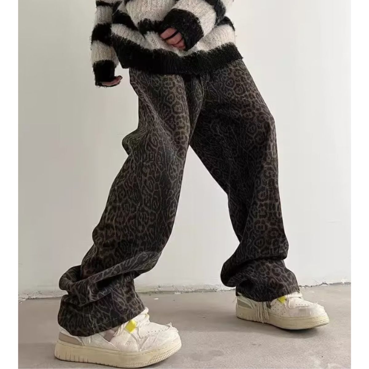 At Marvelous Long Pants Trousers Baggy Pants Waist Worn Leopard Men's Korean Fashion Ora Ora Dance Hip Hop Impact Flashy Shiny