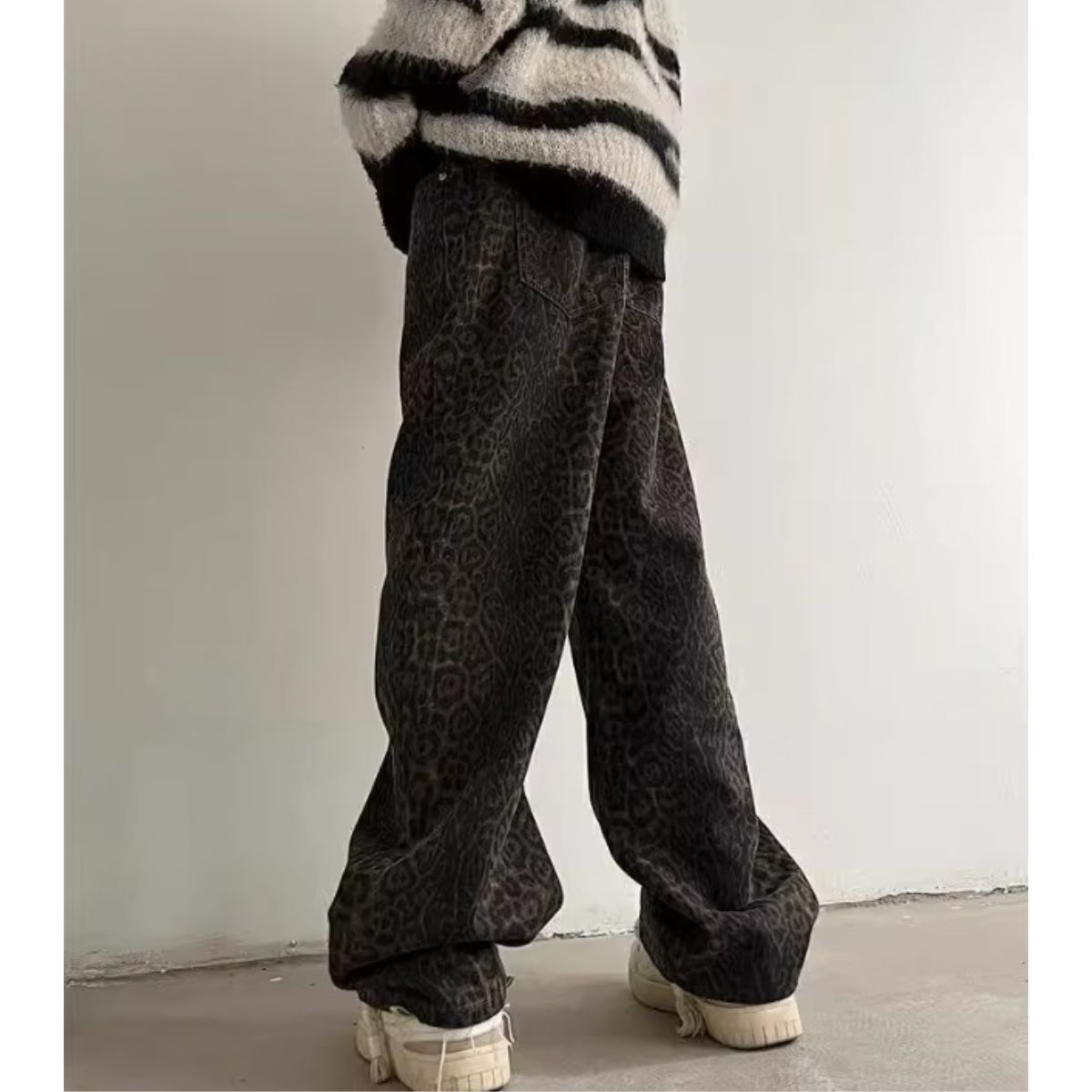 At Marvelous Long Pants Trousers Baggy Pants Waist Worn Leopard Men's Korean Fashion Ora Ora Dance Hip Hop Impact Flashy Shiny