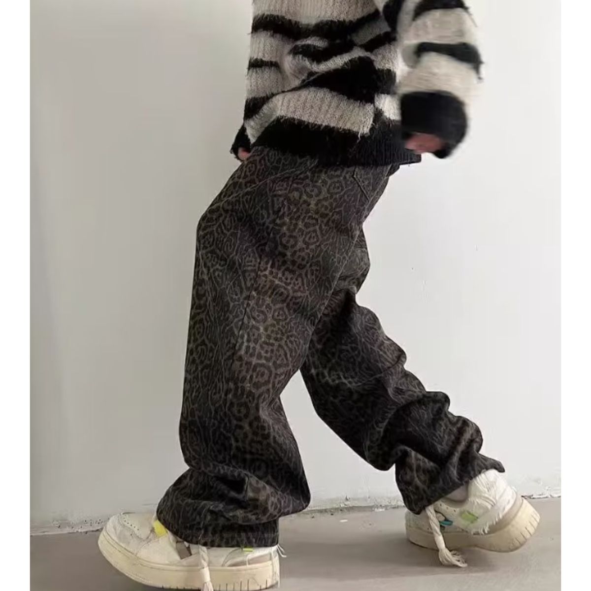 At Marvelous Long Pants Trousers Baggy Pants Waist Worn Leopard Men's Korean Fashion Ora Ora Dance Hip Hop Impact Flashy Shiny
