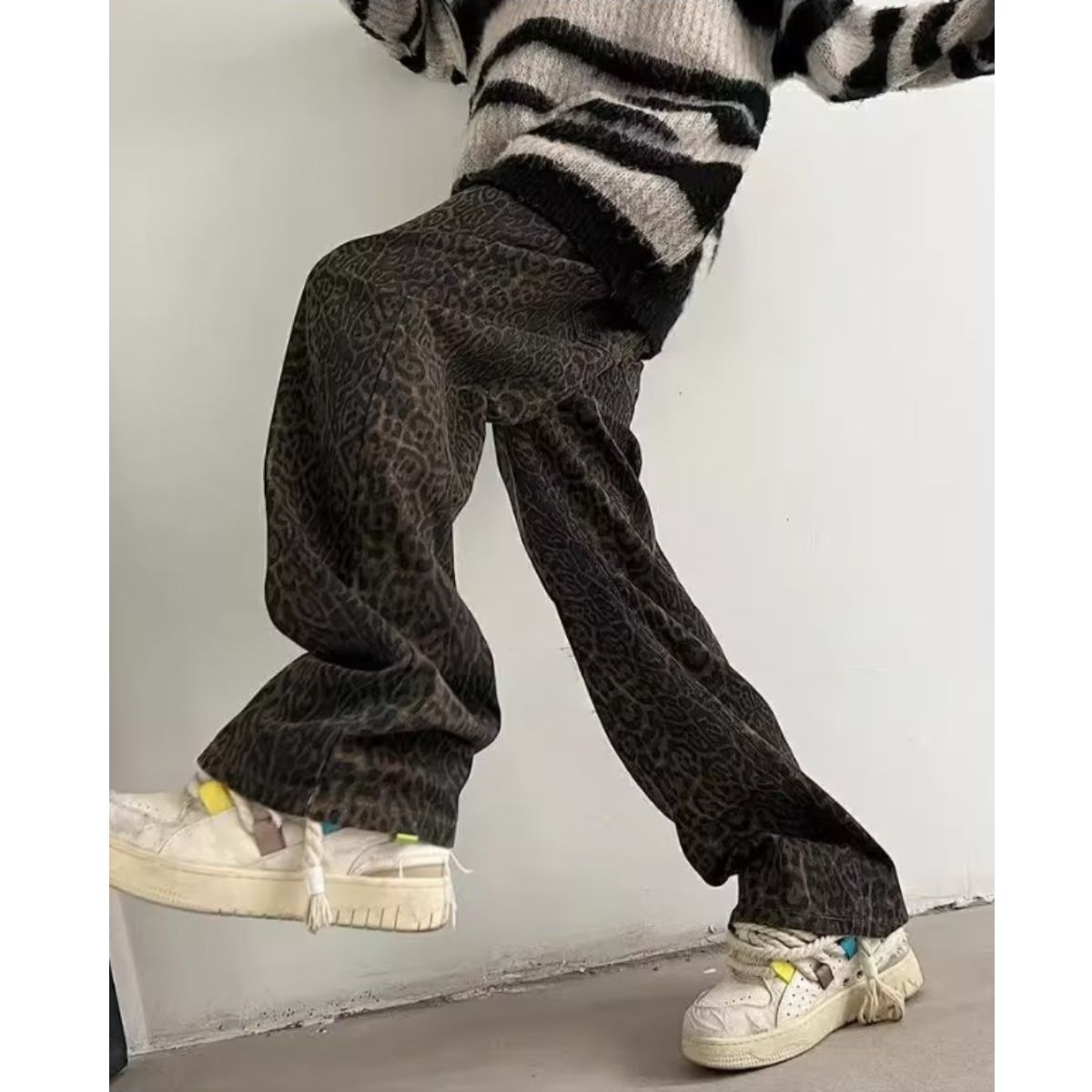 At Marvelous Long Pants Trousers Baggy Pants Waist Worn Leopard Men's Korean Fashion Ora Ora Dance Hip Hop Impact Flashy Shiny