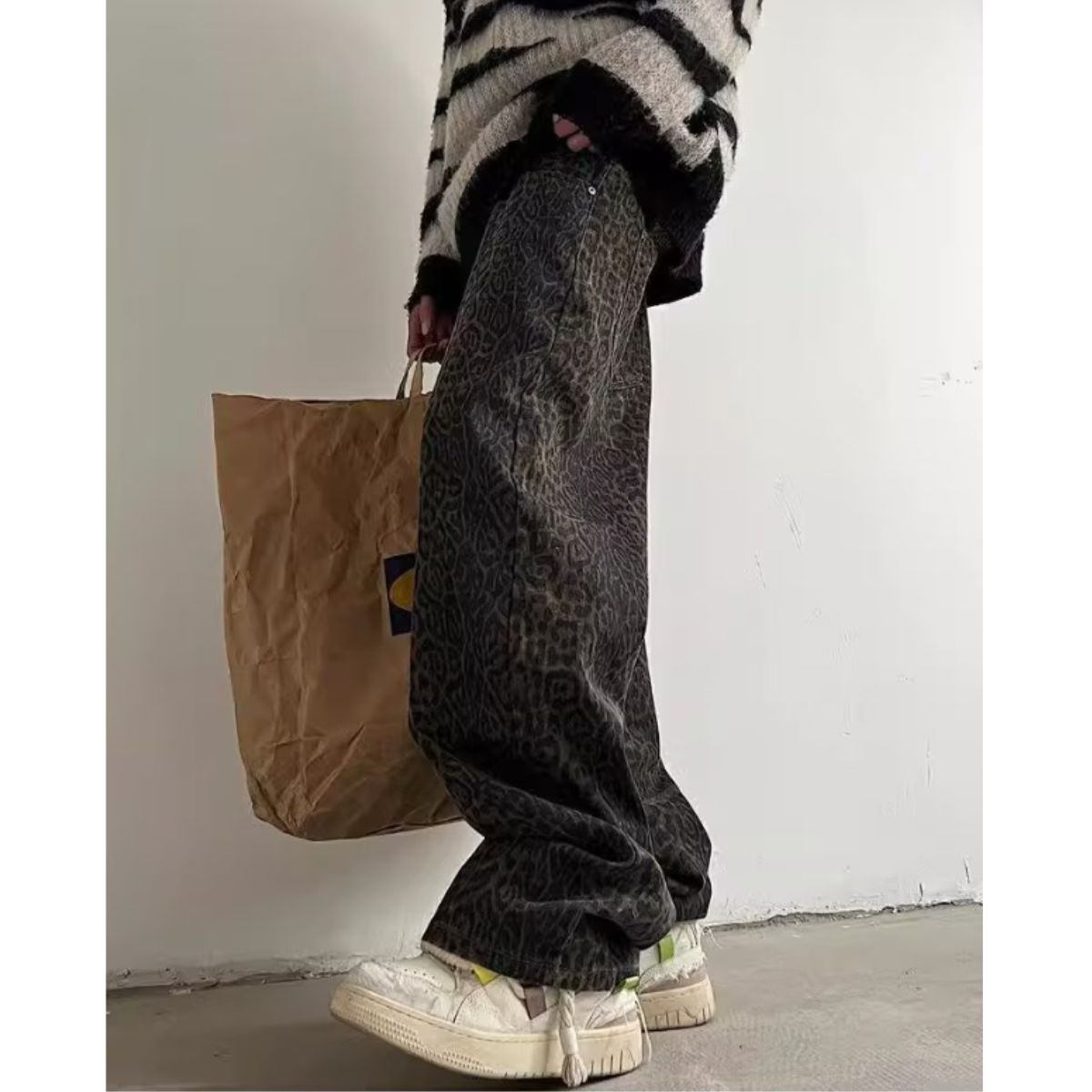At Marvelous Long Pants Trousers Baggy Pants Waist Worn Leopard Men's Korean Fashion Ora Ora Dance Hip Hop Impact Flashy Shiny