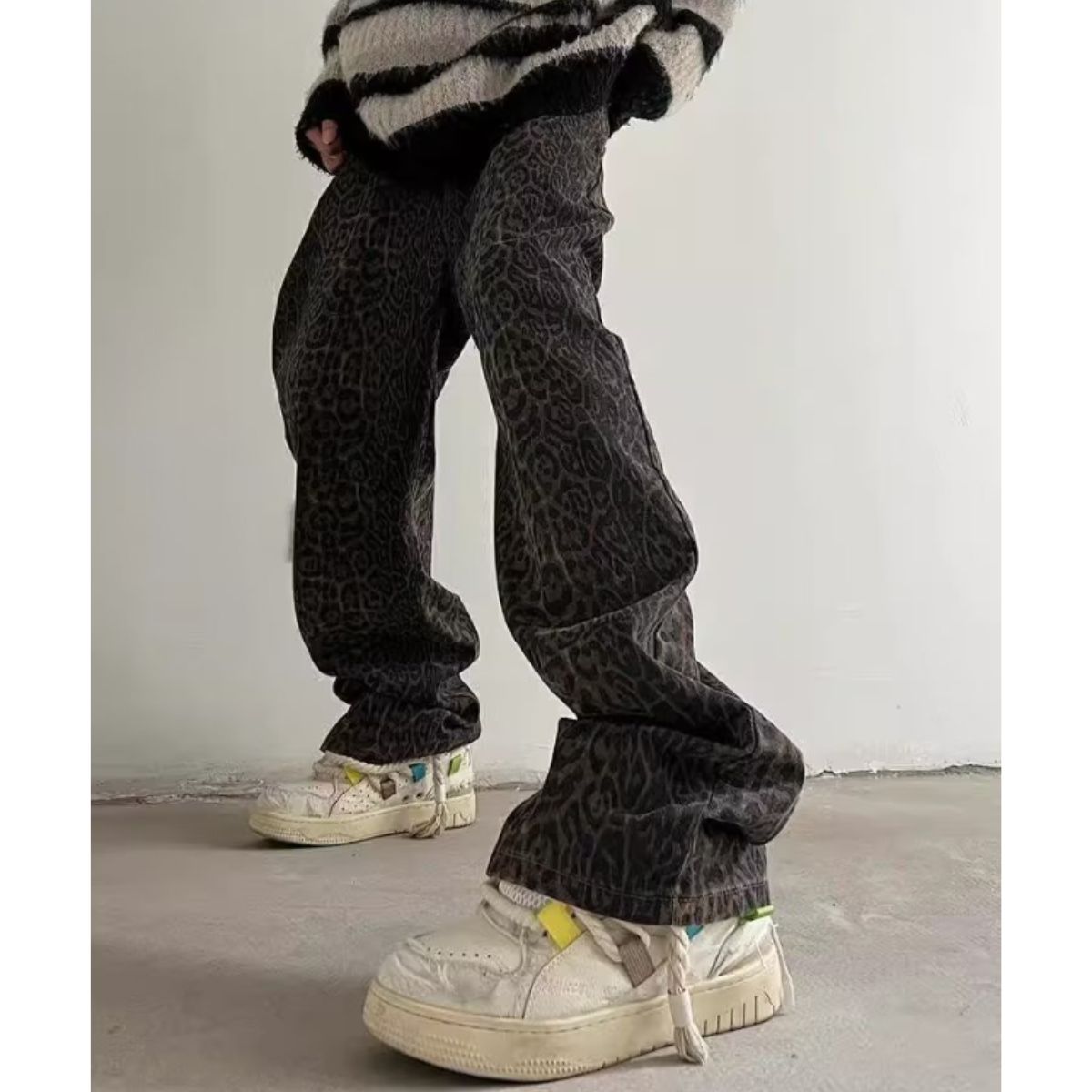 At Marvelous Long Pants Trousers Baggy Pants Waist Worn Leopard Men's Korean Fashion Ora Ora Dance Hip Hop Impact Flashy Shiny