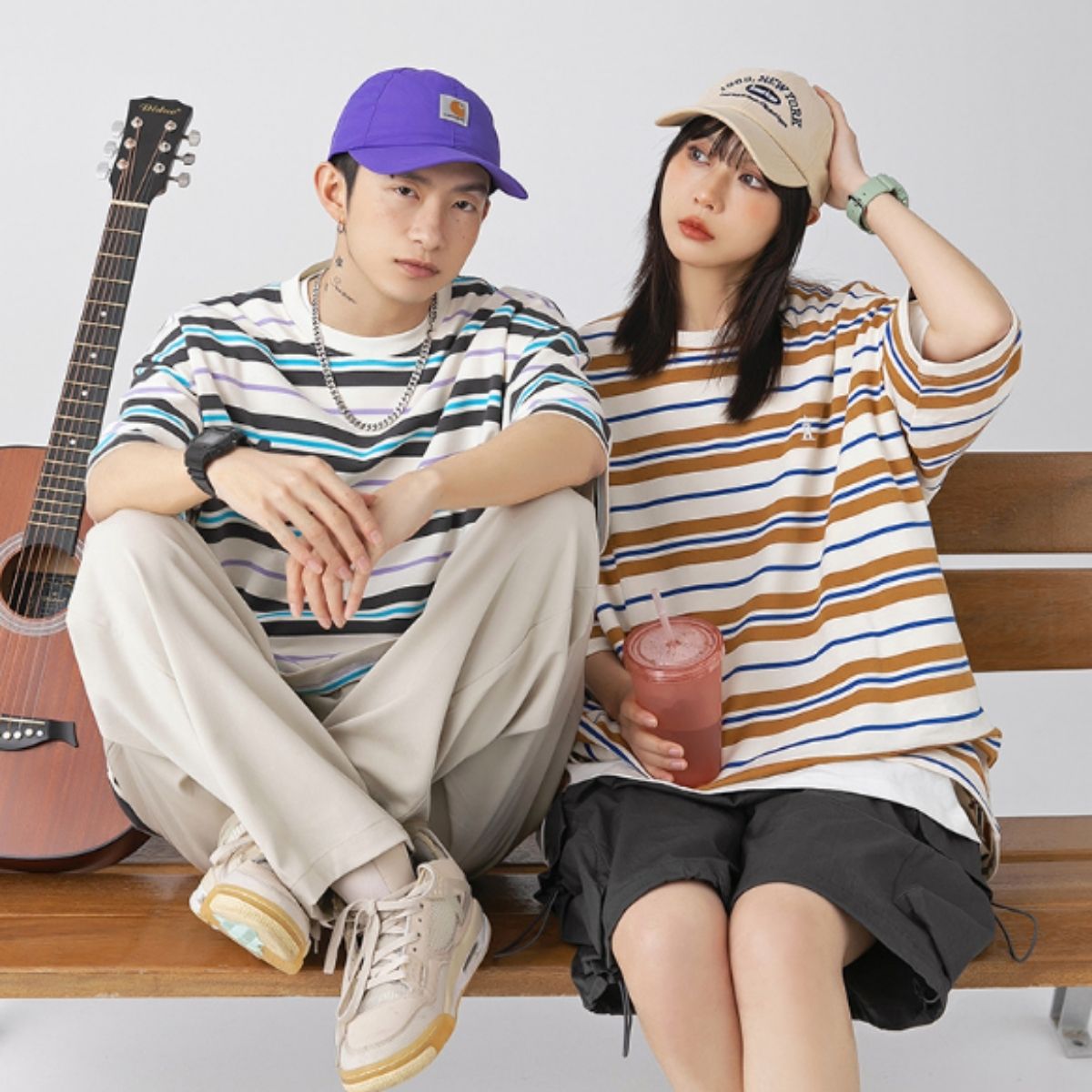 アットマーベラス At Marvelous Tシャツ 半袖 ボーダー ビッグシルエット メンズ ユニセックス 夏 韓国ファッション ストリート レトロ カジュアル カットソー オーバーサイズ （ブラウン） ブラウン