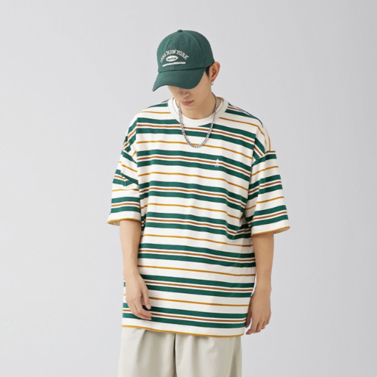 アットマーベラス At Marvelous Tシャツ 半袖 ボーダー ビッグシルエット メンズ ユニセックス 夏 韓国ファッション ストリート レトロ カジュアル カットソー オーバーサイズ （ブラウン） ブラウン