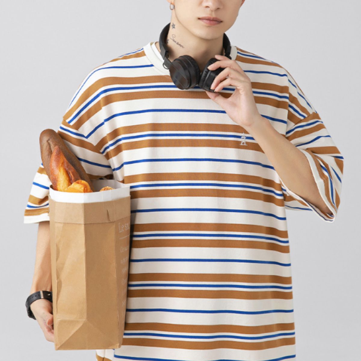 アットマーベラス At Marvelous Tシャツ 半袖 ボーダー ビッグシルエット メンズ ユニセックス 夏 韓国ファッション ストリート レトロ カジュアル カットソー オーバーサイズ （ブラウン） ブラウン