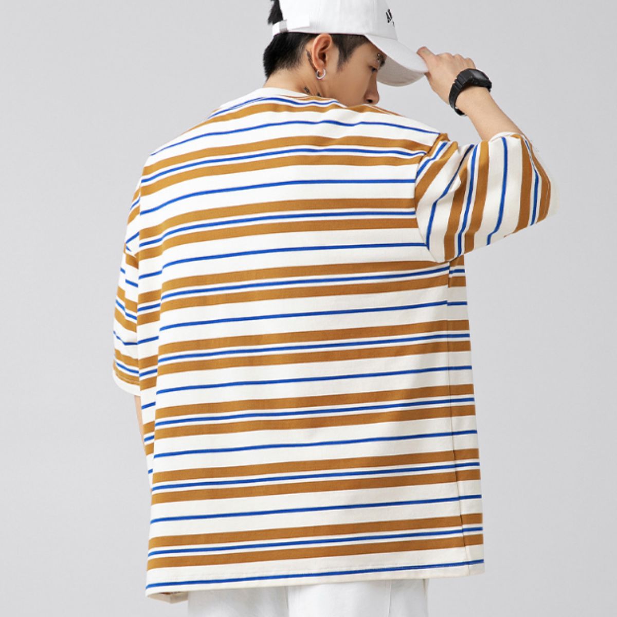 アットマーベラス At Marvelous Tシャツ 半袖 ボーダー ビッグシルエット メンズ ユニセックス 夏 韓国ファッション ストリート レトロ カジュアル カットソー オーバーサイズ （ブラウン） ブラウン