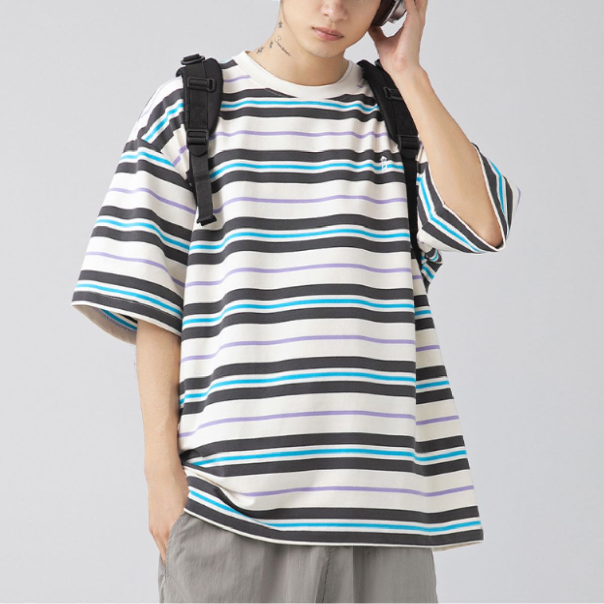 アットマーベラス At Marvelous Tシャツ 半袖 ボーダー ビッグシルエット メンズ ユニセックス 夏 韓国ファッション ストリート レトロ カジュアル カットソー オーバーサイズ （グレー） グレー