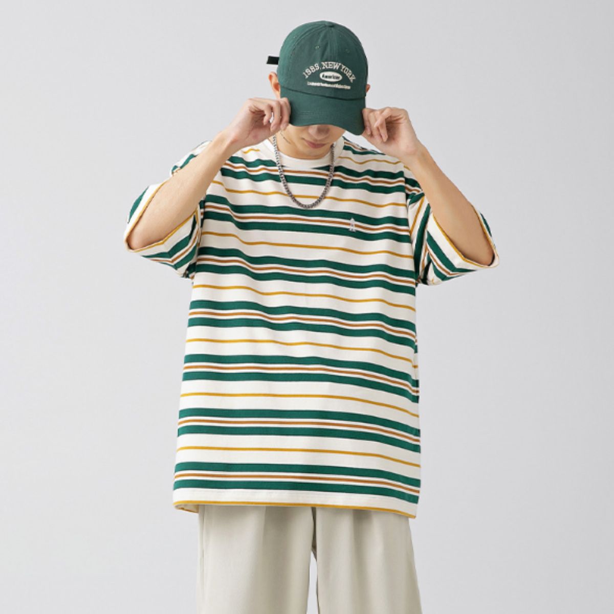 アットマーベラス At Marvelous Tシャツ 半袖 ボーダー ビッグシルエット メンズ ユニセックス 夏 韓国ファッション ストリート レトロ カジュアル カットソー オーバーサイズ （グリーン） グリーン