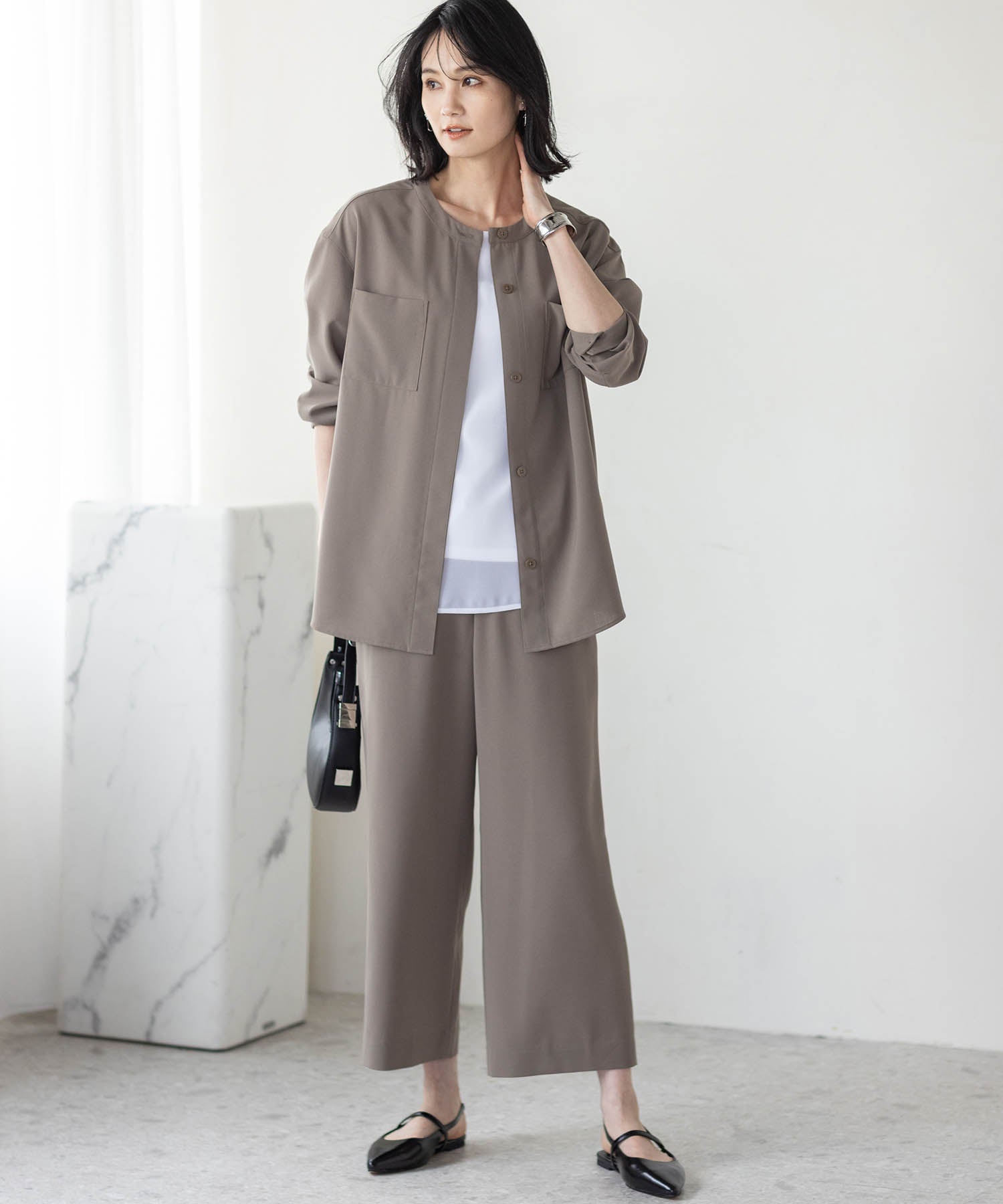 エーシーデザインバイアルファキュービック A/C DESIGN BY ALPHA CUBIC 【美モーション】ストレッチノーカラーシャツジャケット【接触冷感・UVカット】 （ブラック） ブラック