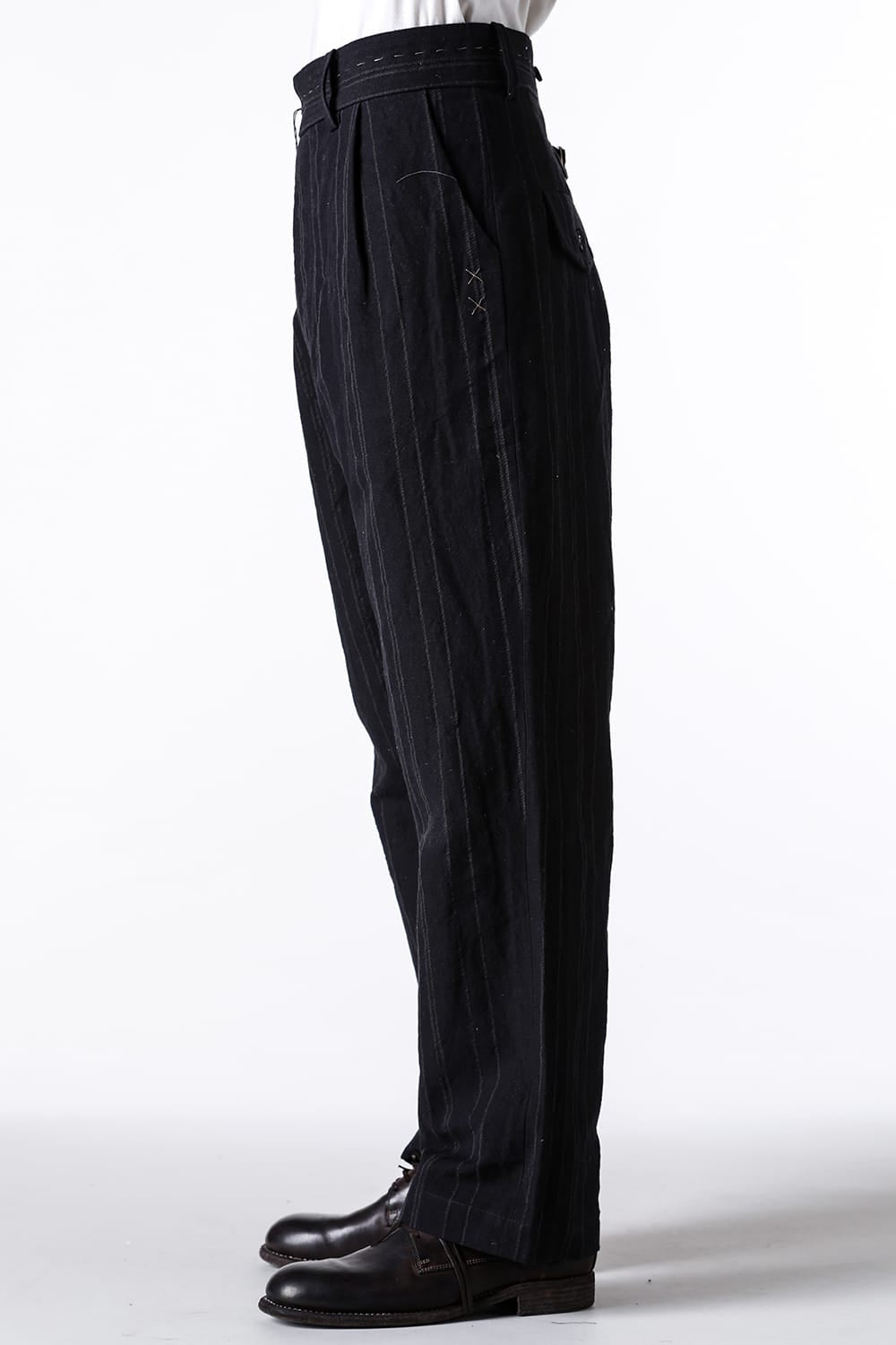 ア テンタティブ アトリエ A TENTATIVE ATELIER Gysin：Hand Stitches Stripes Buckle Pants （Black Stripe） Black Stripe