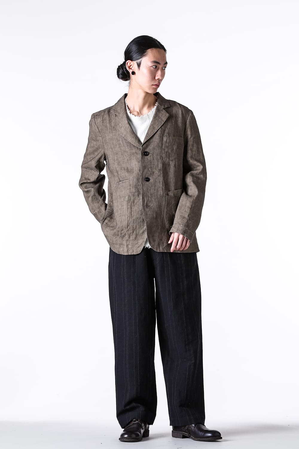ア テンタティブ アトリエ A TENTATIVE ATELIER Gysin：Hand Stitches Stripes Buckle Pants （Black Stripe） Black Stripe