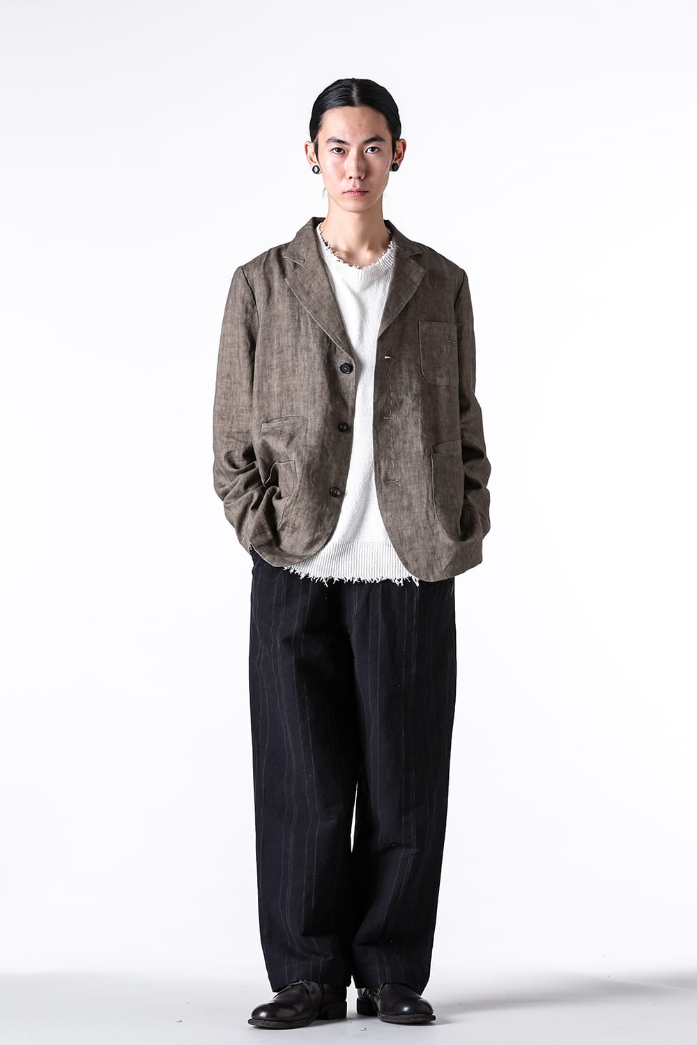 ア テンタティブ アトリエ A TENTATIVE ATELIER Gysin：Hand Stitches Stripes Buckle Pants （Black Stripe） Black Stripe