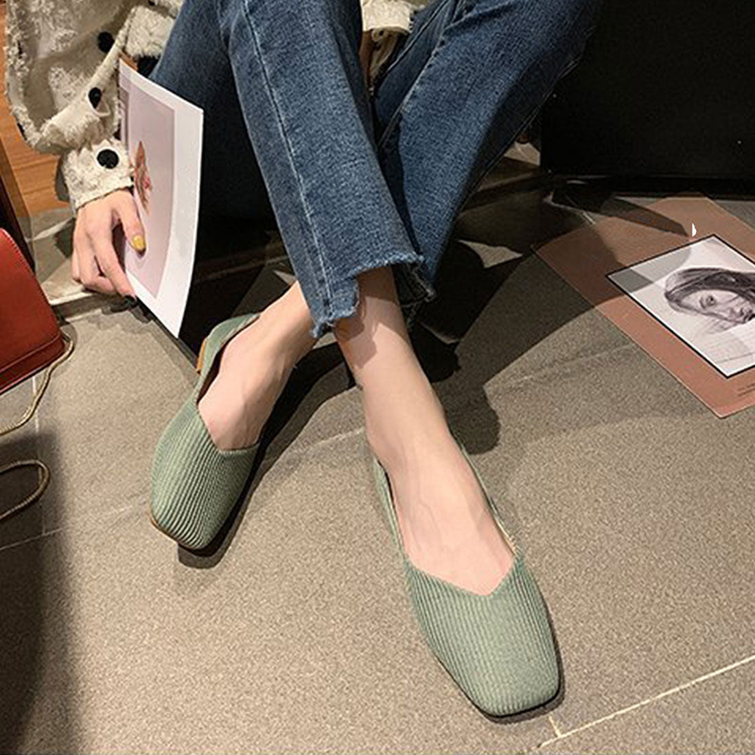 Amulet Square Flat Pumps Women's Shoes Teens 20s 30s Korean Fashion Korean Office Casual Large Sizes Soft Low Heels