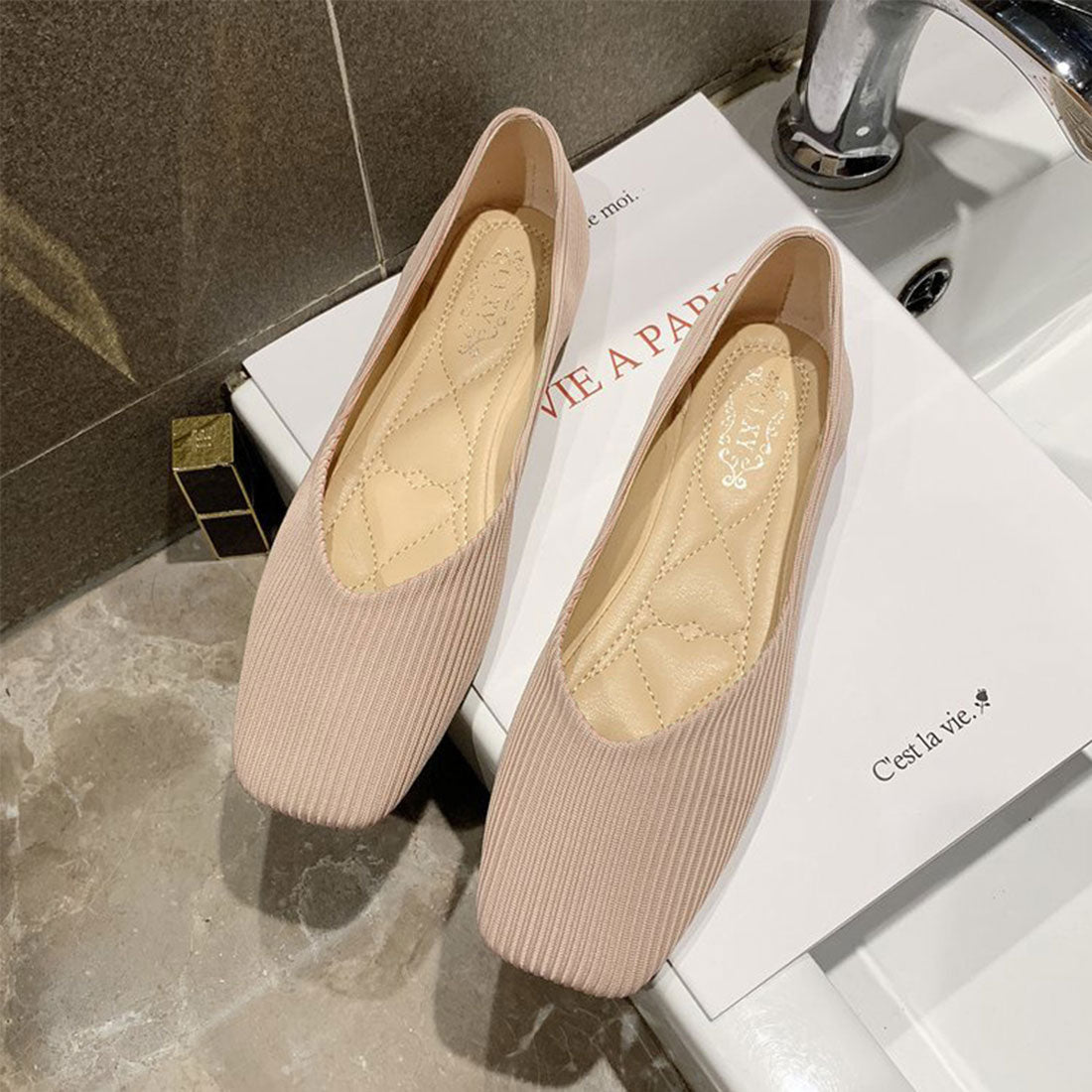 Amulet Square Flat Pumps Women's Shoes Teens 20s 30s Korean Fashion Korean Office Casual Large Sizes Soft Low Heels