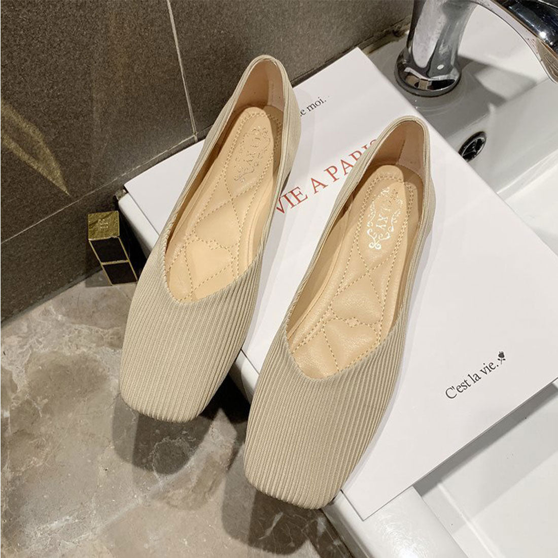Amulet Square Flat Pumps Women's Shoes Teens 20s 30s Korean Fashion Korean Office Casual Large Sizes Soft Low Heels
