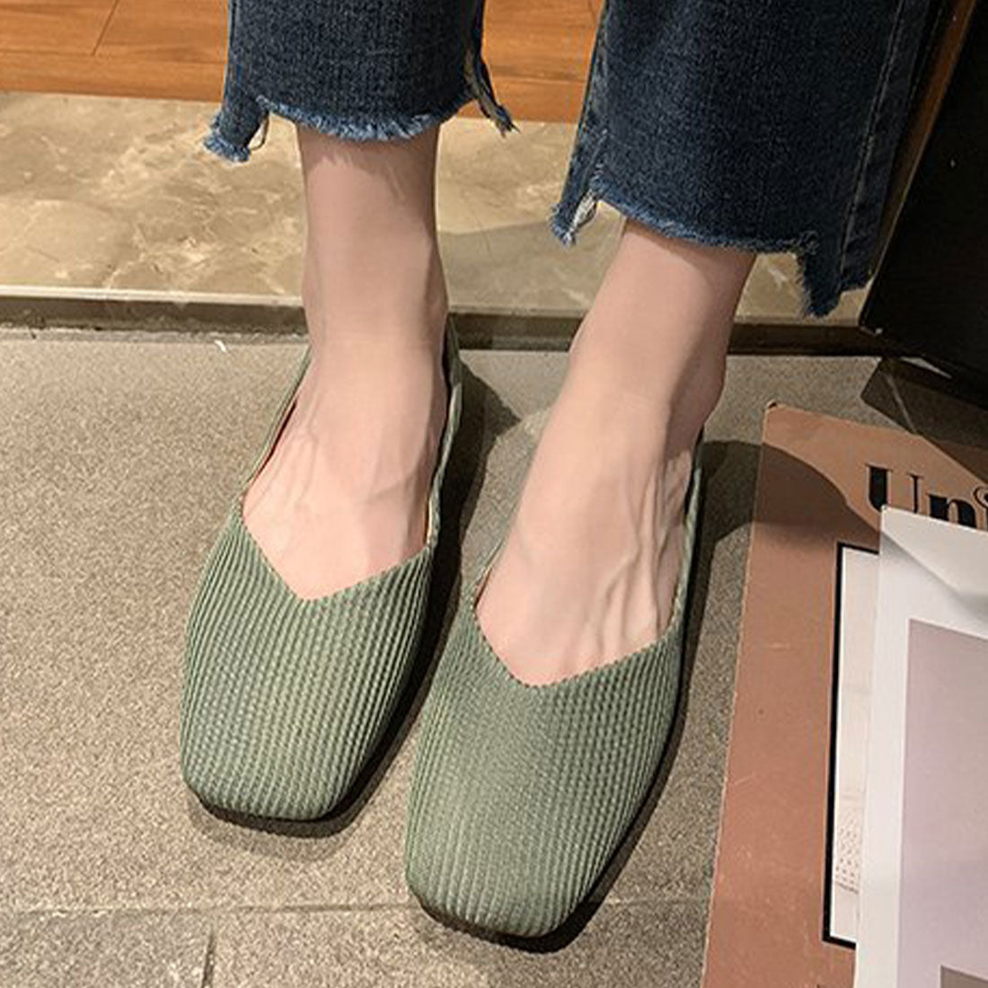 Amulet Square Flat Pumps Women's Shoes Teens 20s 30s Korean Fashion Korean Office Casual Large Sizes Soft Low Heels