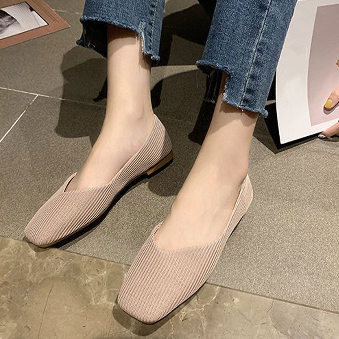 Amulet Square Flat Pumps Women's Shoes Teens 20s 30s Korean Fashion Korean Office Casual Large Sizes Soft Low Heels