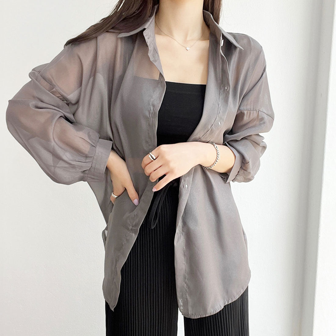 アミュレット Amulet 長袖シアーシャツ レディース 10代 20代 30代 韓国ファッション 春 夏 秋 カジュアル 可愛い シンプル おしゃれ 大人 無地 透け感 （ピンク） ピンク