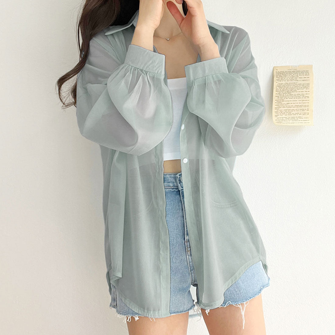 アミュレット Amulet 長袖シアーシャツ レディース 10代 20代 30代 韓国ファッション 春 夏 秋 カジュアル 可愛い シンプル おしゃれ 大人 無地 透け感 （ピンク） ピンク