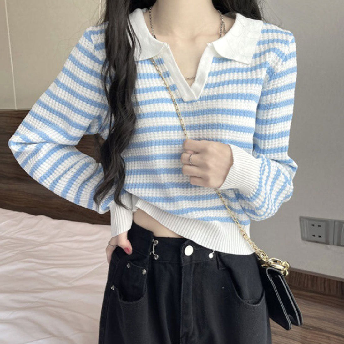 アミュレット Amulet ボーダーポロニット レディース 10代 20代 30代 韓国ファッション 春 秋 可愛い 女子会 カジュアル デート おしゃれ 白 黒 お出かけ 大人 （ライトブルー） ライトブルー