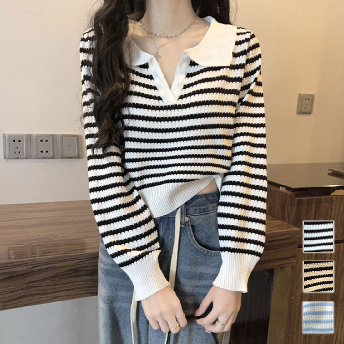 アミュレット Amulet ボーダーポロニット レディース 10代 20代 30代 韓国ファッション 春 秋 可愛い 女子会 カジュアル デート おしゃれ 白 黒 お出かけ 大人