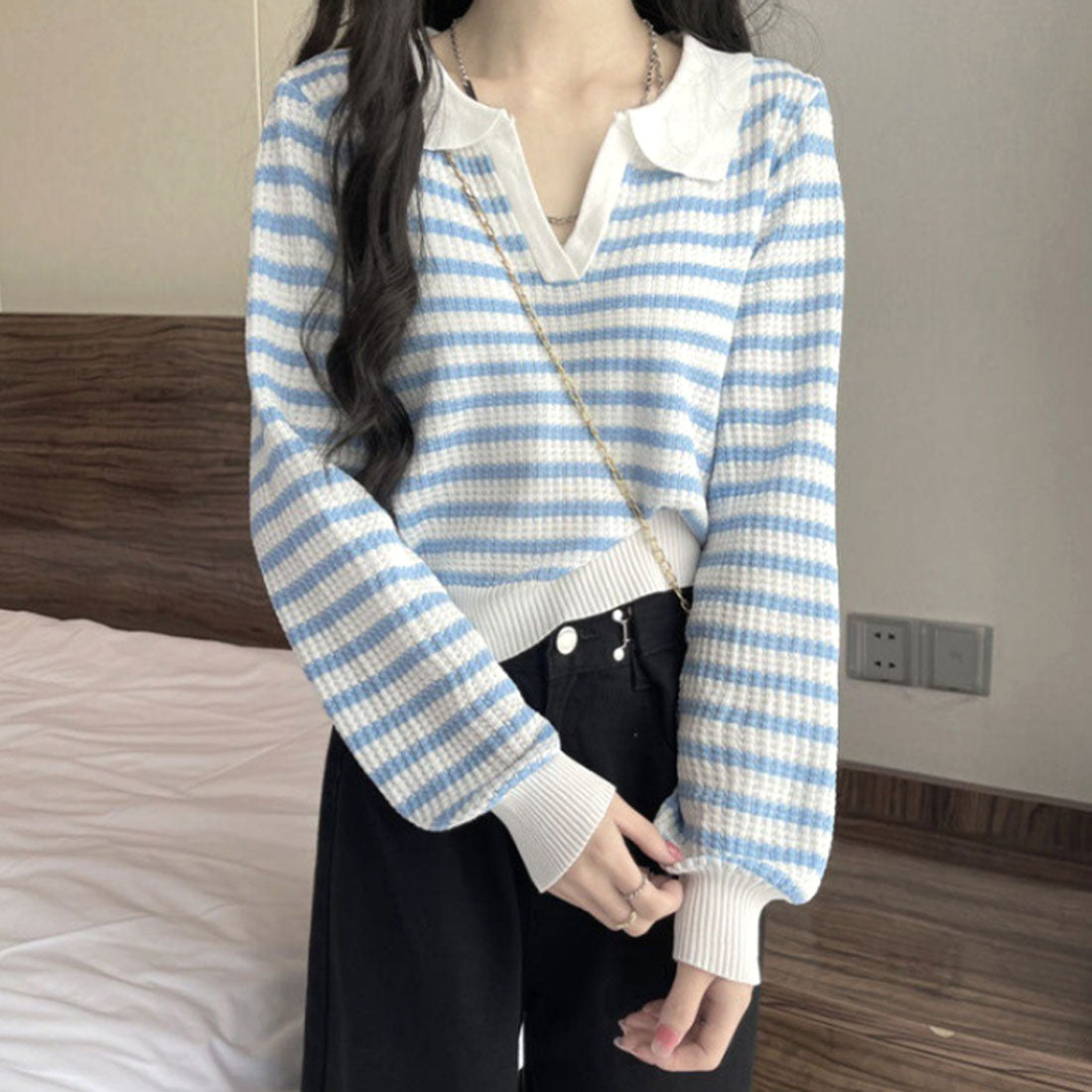 アミュレット Amulet ボーダーポロニット レディース 10代 20代 30代 韓国ファッション 春 秋 可愛い 女子会 カジュアル デート おしゃれ 白 黒 お出かけ 大人