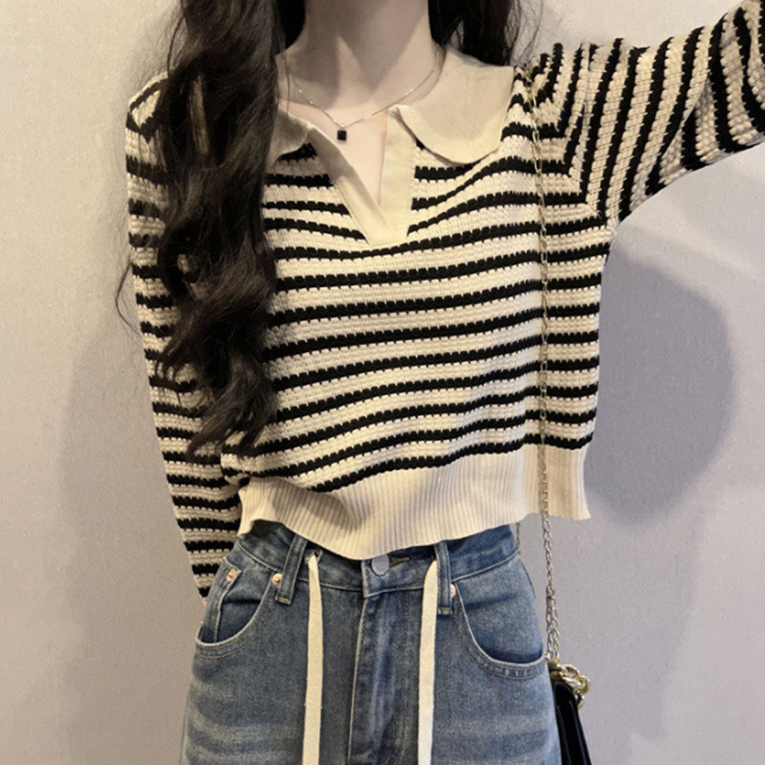 アミュレット Amulet ボーダーポロニット レディース 10代 20代 30代 韓国ファッション 春 秋 可愛い 女子会 カジュアル デート おしゃれ 白 黒 お出かけ 大人 （ライトブルー） ライトブルー