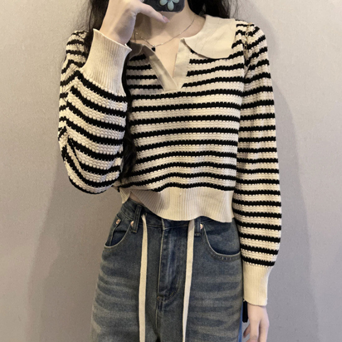 アミュレット Amulet ボーダーポロニット レディース 10代 20代 30代 韓国ファッション 春 秋 可愛い 女子会 カジュアル デート おしゃれ 白 黒 お出かけ 大人 （ライトブルー） ライトブルー
