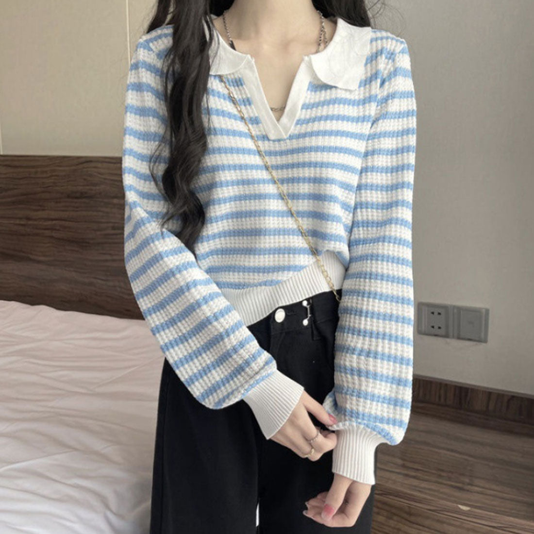 アミュレット Amulet ボーダーポロニット レディース 10代 20代 30代 韓国ファッション 春 秋 可愛い 女子会 カジュアル デート おしゃれ 白 黒 お出かけ 大人
