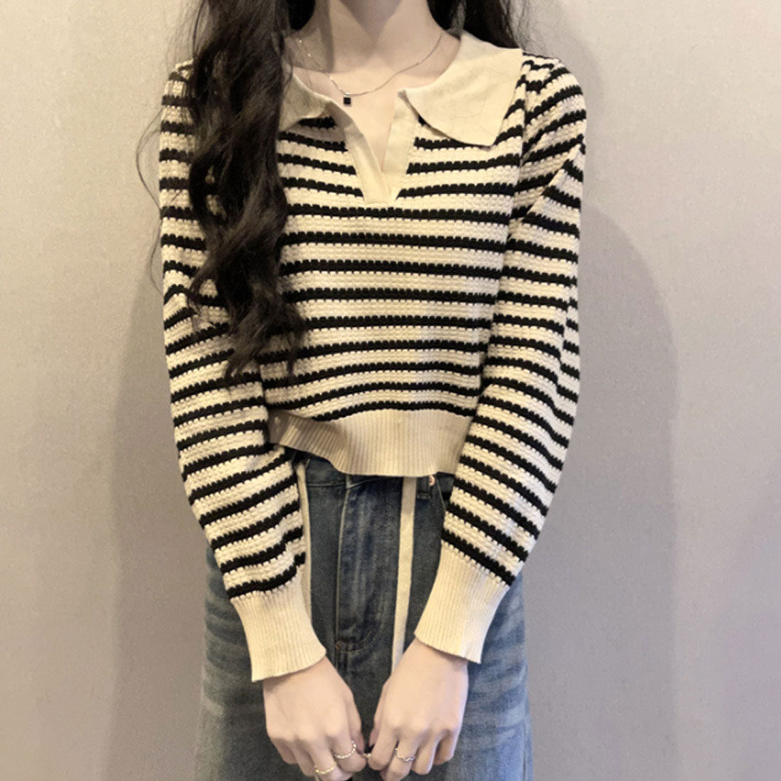 アミュレット Amulet ボーダーポロニット レディース 10代 20代 30代 韓国ファッション 春 秋 可愛い 女子会 カジュアル デート おしゃれ 白 黒 お出かけ 大人 （ベージュ） ベージュ