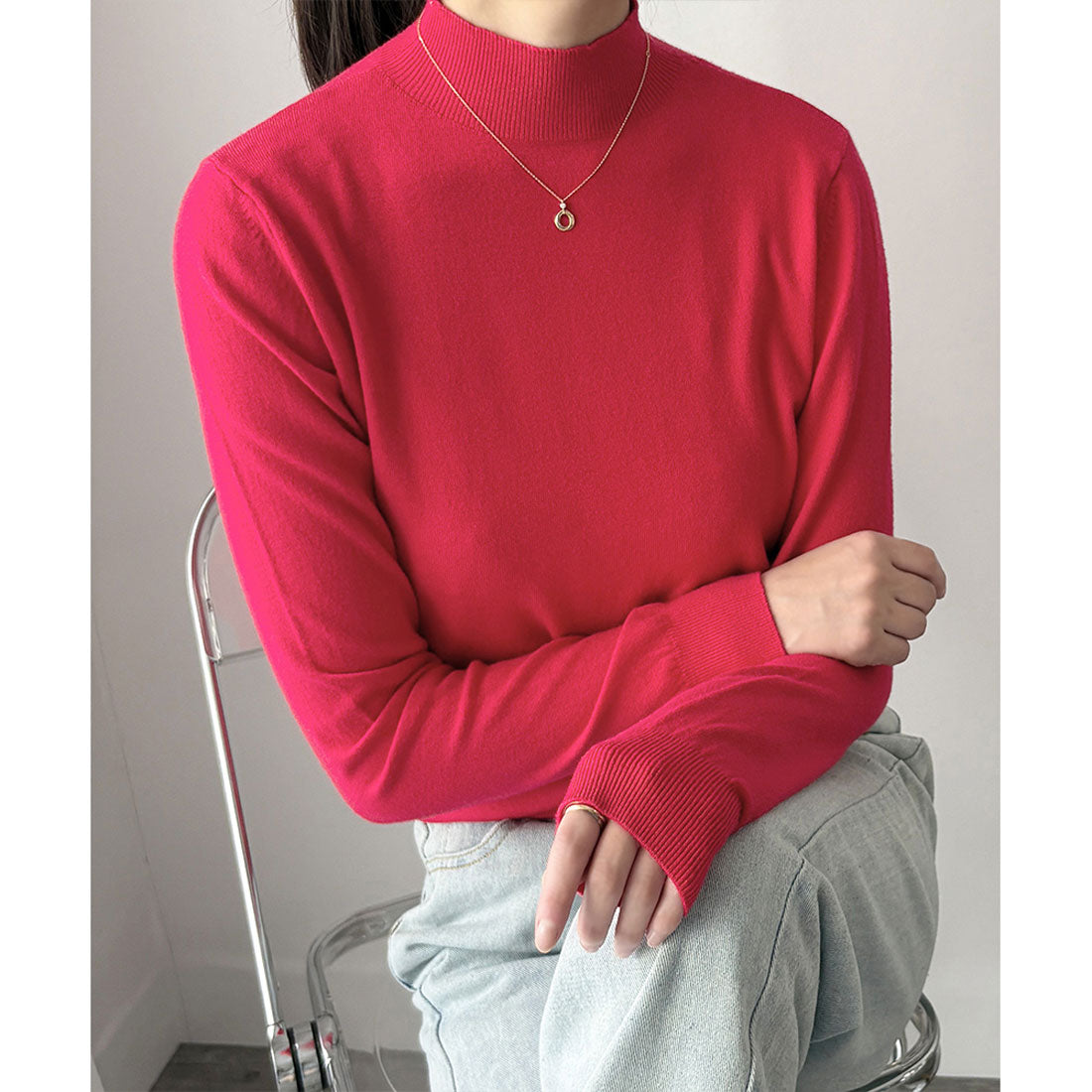 アミュレット Amulet ハイネック長袖ニットトップス レディース ニット 長袖 無地 シンプル 着回し 大人 上品 おしゃれ カジュアル トレンド 人気 定番 （レッド） レッド