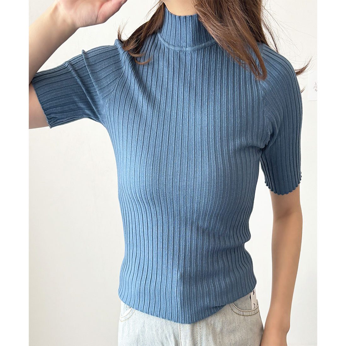 アミュレット Amulet 半袖リブニットソー レディース 韓国 オフィス 無地 シンプル カジュアル 着回し トレンド トップス 上品 春夏秋 おしゃれ 大人 人気 定番 （ブルー） ブルー
