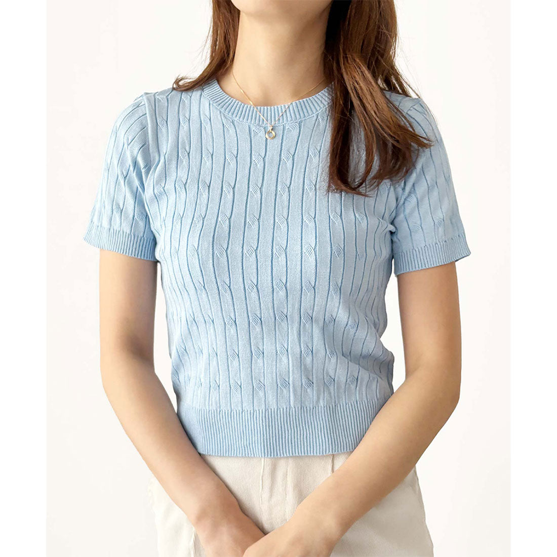 アミュレット Amulet 半袖ケーブルニット レディース 韓国 編み シンプル 上品 トレンド カジュアル 春夏 ナチュラル トップス おしゃれ 10代 20代 黒 可愛い （ホワイト） ホワイト