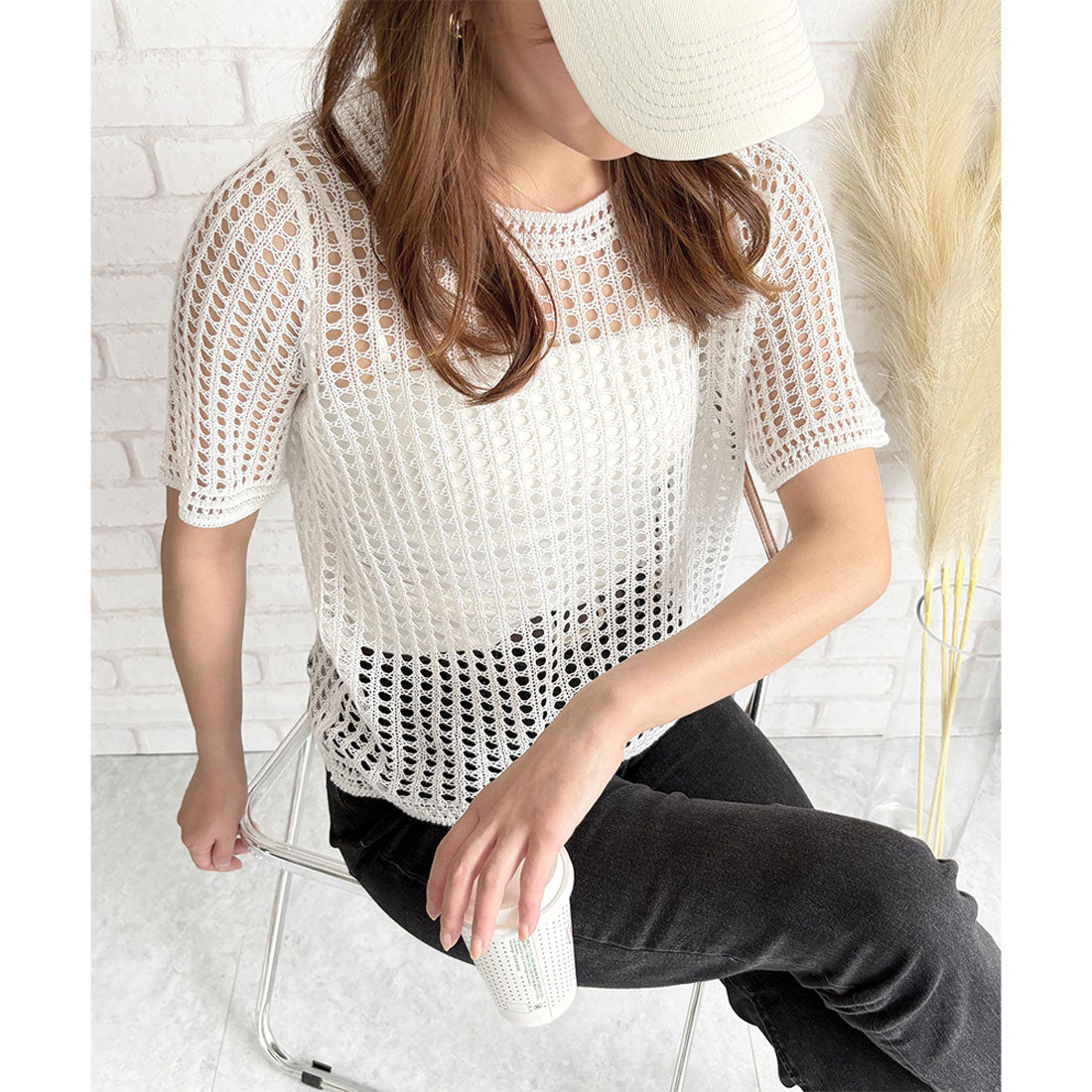 アミュレット Amulet メッシュ編み半袖トップス 夏服 通気性 韓国ファッション レディース 春夏 着回し 体型カバー かわいい 重ね着 カジュアル おしゃれ 白黒 シンプル （ブラック） ブラック
