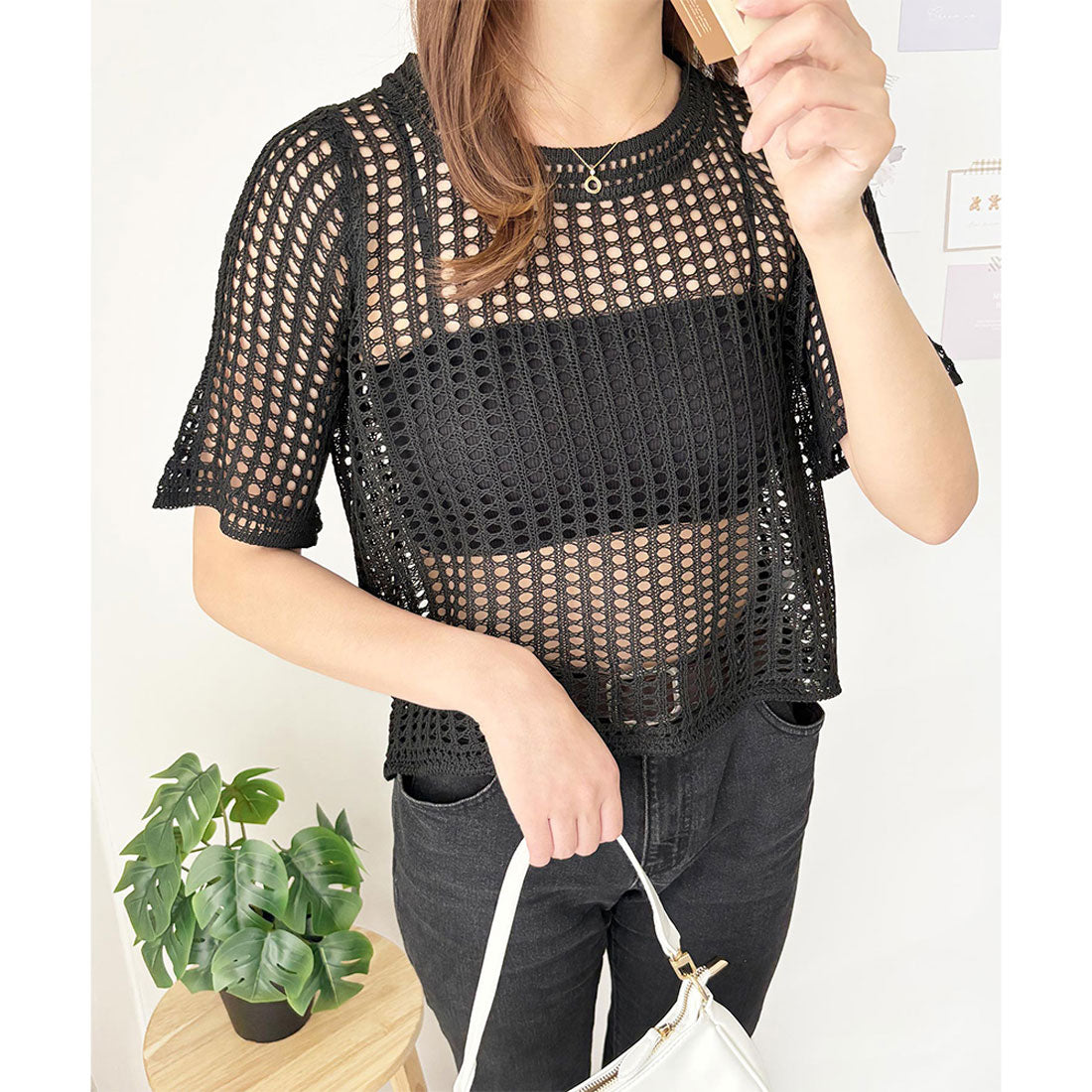 アミュレット Amulet メッシュ編み半袖トップス 夏服 通気性 韓国ファッション レディース 春夏 着回し 体型カバー かわいい 重ね着 カジュアル おしゃれ 白黒 シンプル （ブラック） ブラック