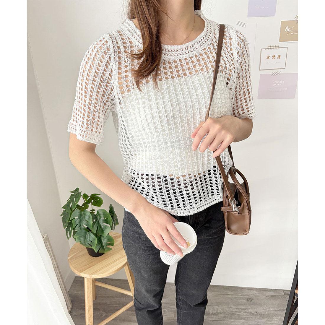 アミュレット Amulet メッシュ編み半袖トップス 夏服 通気性 韓国ファッション レディース 春夏 着回し 体型カバー かわいい 重ね着 カジュアル おしゃれ 白黒 シンプル （ブラック） ブラック