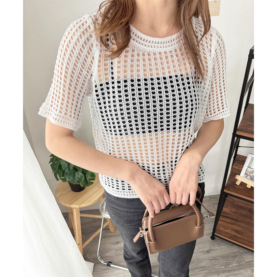 アミュレット Amulet メッシュ編み半袖トップス 夏服 通気性 韓国ファッション レディース 春夏 着回し 体型カバー かわいい 重ね着 カジュアル おしゃれ 白黒 シンプル （ブラック） ブラック