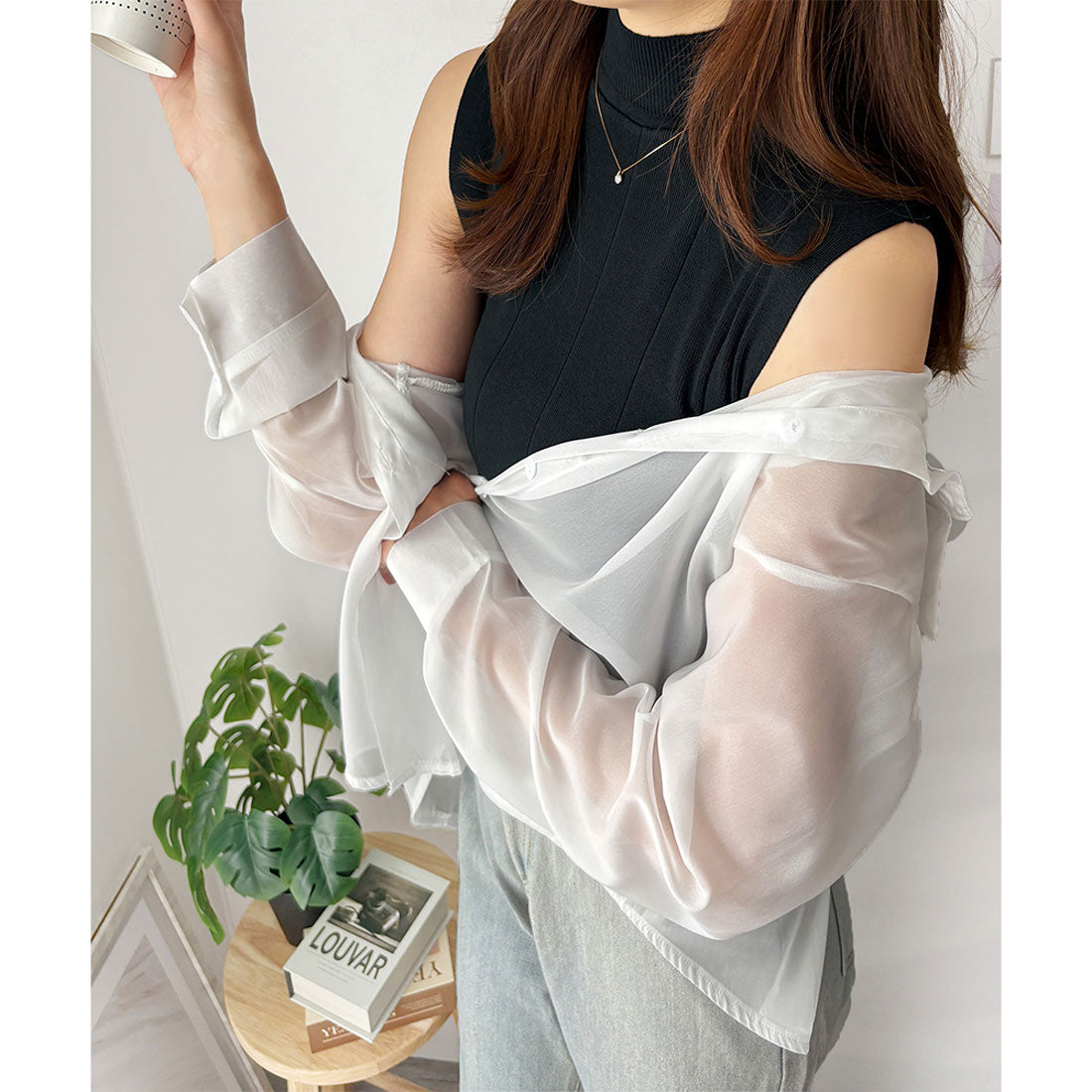 アミュレット Amulet リブノースリーブニット 重ね着 リブ ニット 韓国 ファッション レディース 春夏 着回し 体型カバー 通勤 ハイネック オフィス カジュアル （グリーン） グリーン
