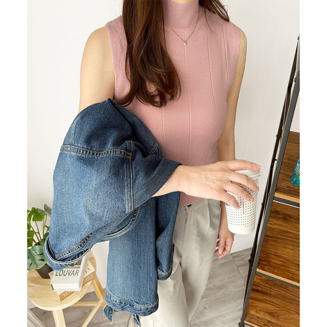 アミュレット Amulet リブノースリーブニット 重ね着 リブ ニット 韓国 ファッション レディース 春夏 着回し 体型カバー 通勤 ハイネック オフィス カジュアル （ピンク） ピンク