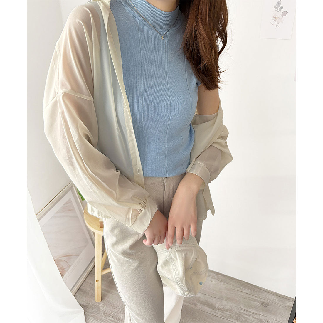 アミュレット Amulet リブノースリーブニット 重ね着 リブ ニット 韓国 ファッション レディース 春夏 着回し 体型カバー 通勤 ハイネック オフィス カジュアル （ブルー） ブルー