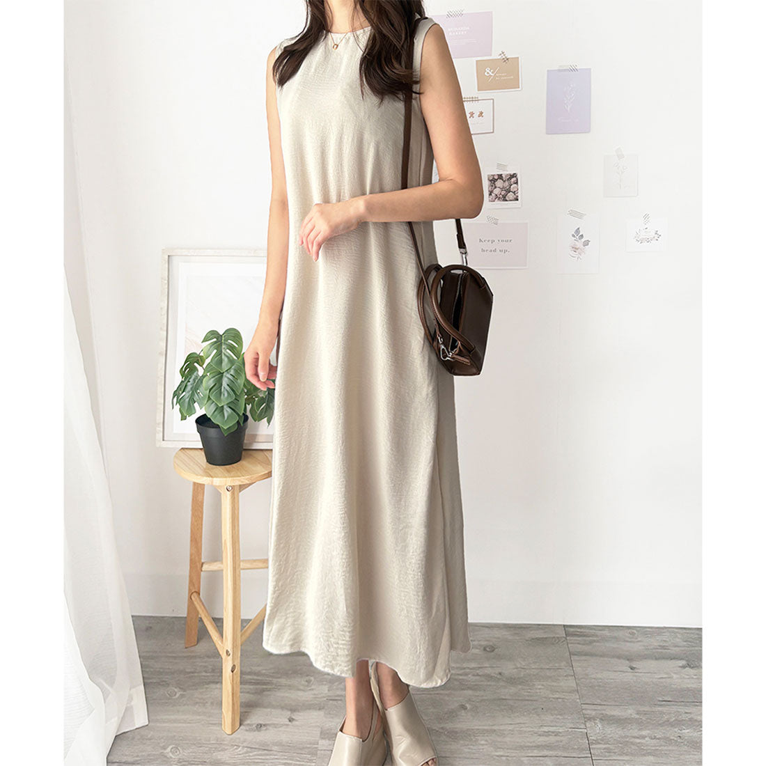 アミュレット Amulet バックデザインノースリーブワンピース 重ね着 夏服 ワンピース ロング丈 一枚コーデ 韓国 ファッション レディース 春夏 体型カバー デート 無地 （アイボリー） アイボリー