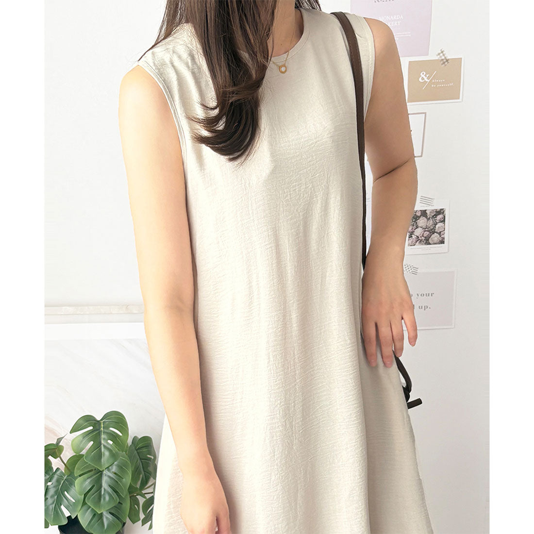 アミュレット Amulet バックデザインノースリーブワンピース 重ね着 夏服 ワンピース ロング丈 一枚コーデ 韓国 ファッション レディース 春夏 体型カバー デート 無地 （アイボリー） アイボリー