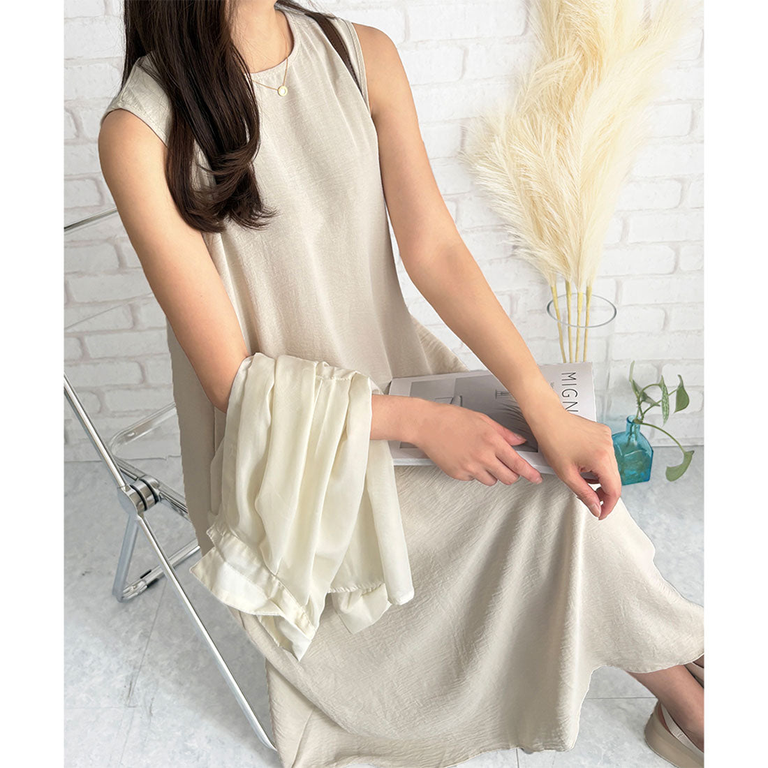 アミュレット Amulet バックデザインノースリーブワンピース 重ね着 夏服 ワンピース ロング丈 一枚コーデ 韓国 ファッション レディース 春夏 体型カバー デート 無地 （アイボリー） アイボリー
