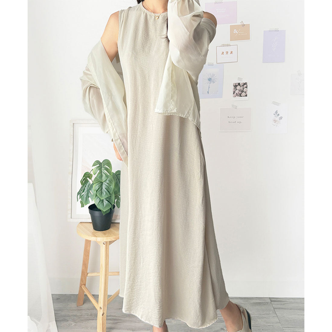 アミュレット Amulet バックデザインノースリーブワンピース 重ね着 夏服 ワンピース ロング丈 一枚コーデ 韓国 ファッション レディース 春夏 体型カバー デート 無地 （アイボリー） アイボリー