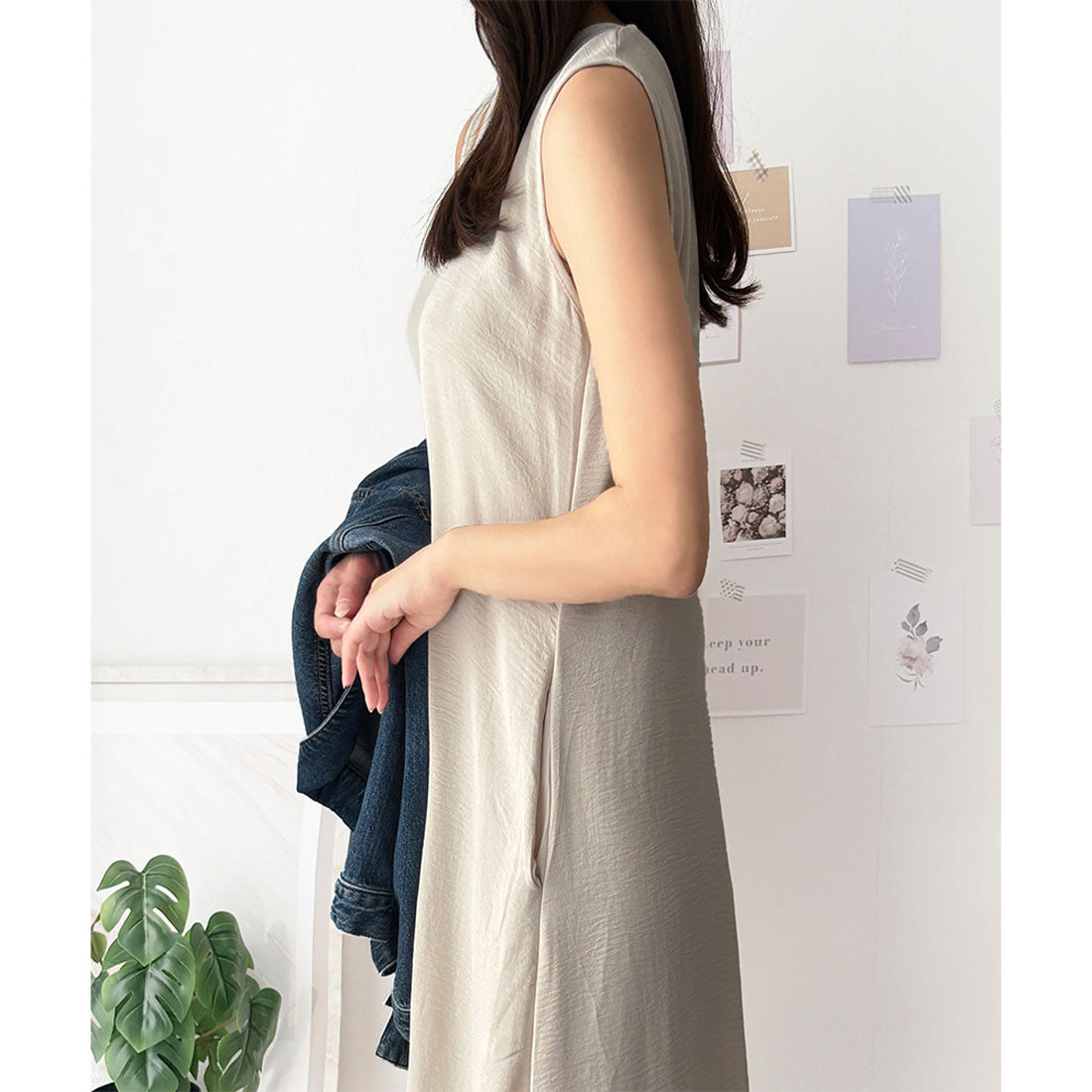 アミュレット Amulet バックデザインノースリーブワンピース 重ね着 夏服 ワンピース ロング丈 一枚コーデ 韓国 ファッション レディース 春夏 体型カバー デート 無地 （アイボリー） アイボリー