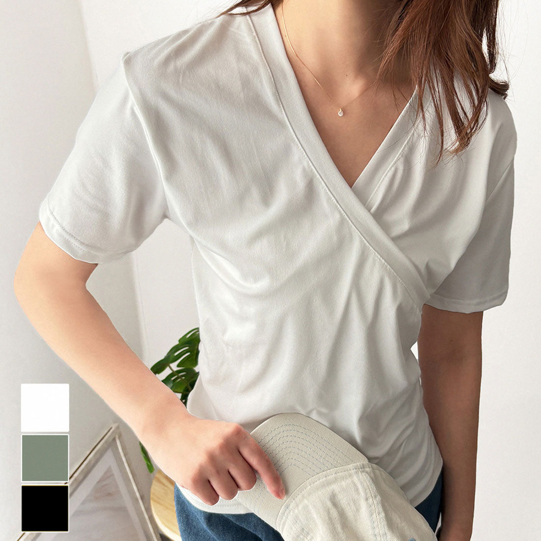 アミュレット Amulet クロスデザインVネックTシャツ ラフ デイリー シャツ カシュクール Tシャツ カジュアル 韓国 ファッション レディース 春夏 着回し 体型カバー （ホワイト） ホワイト